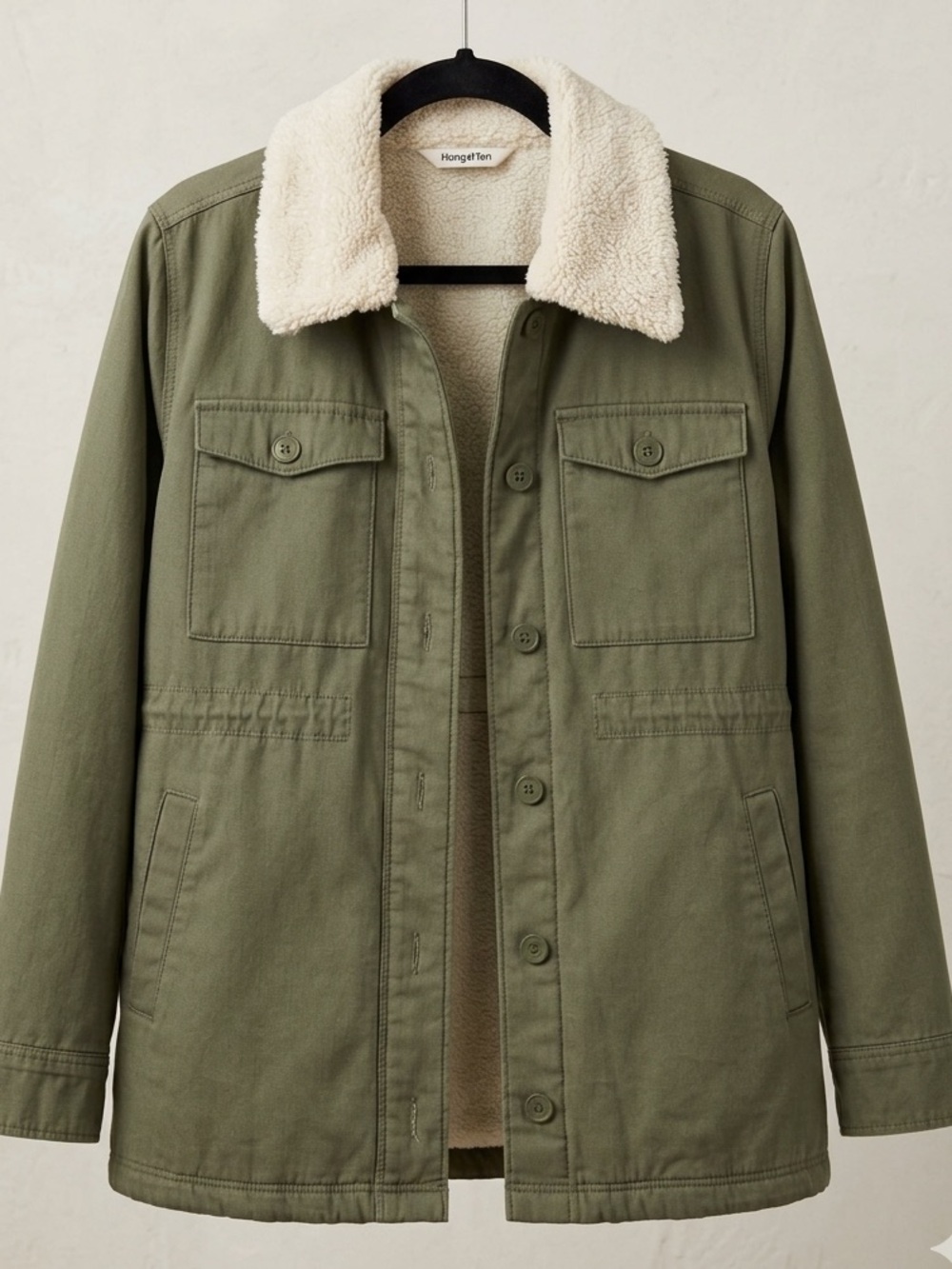 Hang Ten Olive Utility Jacket with Cream Sherpa Collar